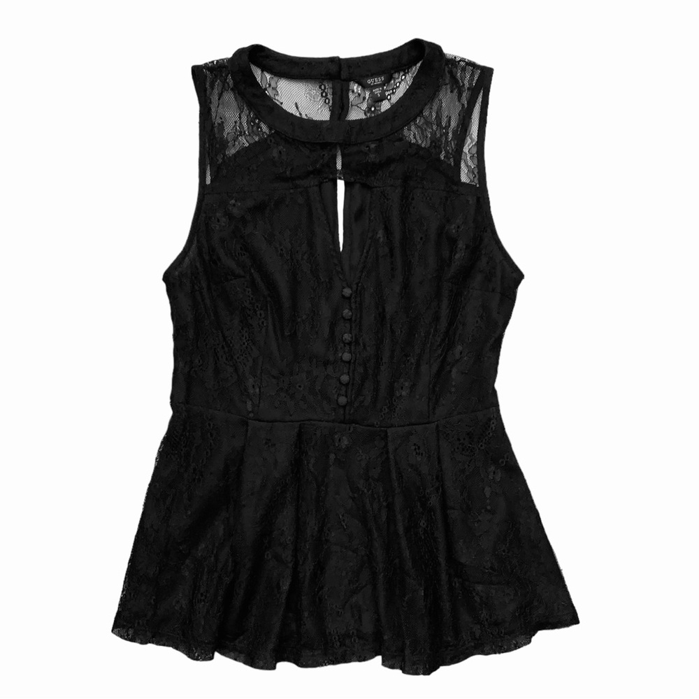 Guess Black Lace Peplum Sleeveless Top, Size Small